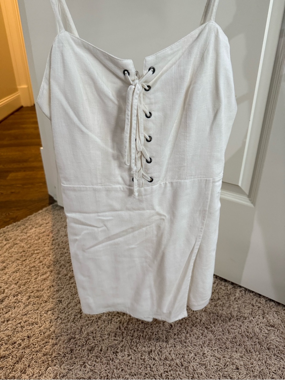 White Lace-Up Spaghetti Strap Mini Dress
